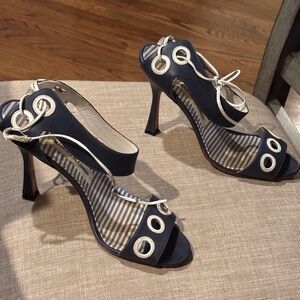 Manolo Blahnik Navy and Cream Heels